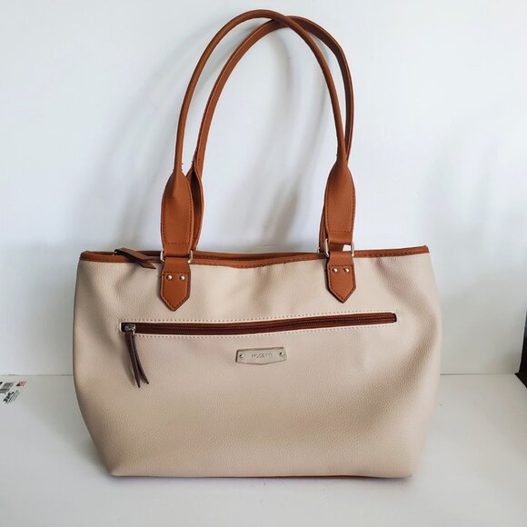 Rosetti Beige Brown Trim Double Handle Handbag Purse Tote Zipper Front Pocket - Picture 1 of 11